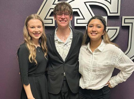 Elizabeth Reed, Ryan DiCiccio and Makayla Facio competed at the Region UIL Academic meet in Abilene Saturday. Ryan and Lizzie advanced to finals where Ryan placed 8th in Prose and Lizzie placed 2nd in Poetry, earning a spot to compete at the State UIL Academic meet in Austin, May 13-15. The Dublin Theatre Department will do a final public performance of its UIL One Act Play at 6:30 p.m. Monday, May 6 and each of these students will also perform the pieces they competed with. Submitted photo