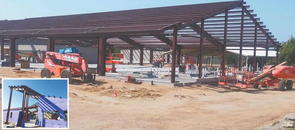 Work is going fast at the new Lingleville ISD cafeteria/classroom building with supports visible on Oct. 10 and getting wrapped after more exterior supports and features like the covered entry were installed a week later (in inset provided by Elaine Carpenter). Paul Gaudette | Citizen staff photo