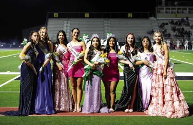 Homecoming court includes Senior Queen nominees from left, Emma Mitchell, Derby Kukla, Natalie Tijernia, Olivia Salyer, Homecoming Queen Kassandra Rodriguez, 2024 Homecoming Queen Kimberly Rojas, Sophomore Class Representative Addisen Zimmerman, Junior Class Representative Karen Ortiz and Freshmen Class Representative Tylor Nail. For more Homecoming coverage see A8, B6 and The Dublin Citizen Facebook page. Danielle Meador | Citizen staff photo