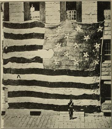 The large Star Spangled Banner Flag inspired the lyrics of the U.S. National Anthem when it flew above Fort McHenry in the 1814 Battle of Baltimore. The size of the flag was impressive, being 30 feet high and 42 feet long. Public domain photo