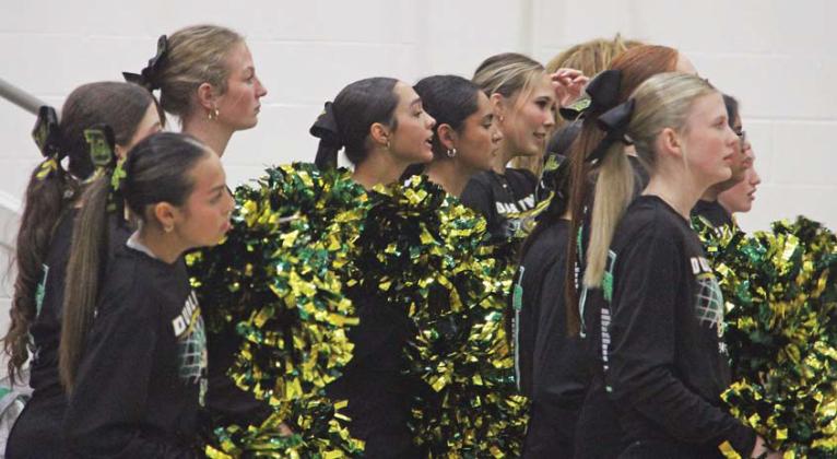 Dublin cheerleaders watch the Wednesday, Feb. 19 playoff game between the Lions and City View from the Mineral Wells stands where they kept the crowd cheering. Below, head coach Wes Grisham maps out a play for the Lions during time out while senior Kaden Gaitan takes advantage of an undefended basket to add two points. Paul Gaudette | Citizen staff photos