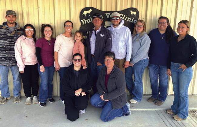 Dublin Vet Clinic staff includes back row from left, Haze Tomascik, Lizbeth Solis, Katie Smith, Jacy and Clara Bingham, Dennis Reed, James Cheshire, Kyla Tatum, Macanea Powell, Cashlin Farr and front, Tiffany Ruiz and Laura Tucker. Courtesy photo