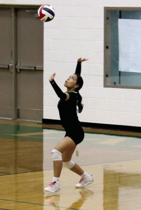 Dublin Lady Lion Sandra Vasquez aims to serve the ball to Eastland Lady Mavericks during a 3-1 home loss Friday, Sept. 26. Wyndi Veigel-Gaudette | Citizen staff photo