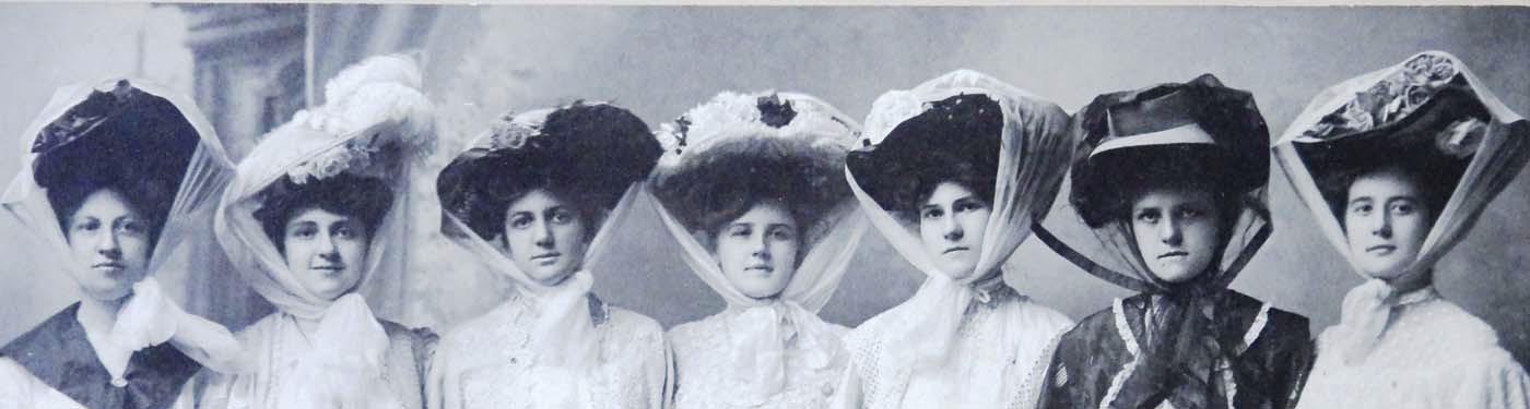 With the invention of motor cars, ladies hats had to be modified in order to stay on, with the inclusion of a scarf from 1907-1919. This group of stylish ladies visited the Edmund Photography Studio in downtown Dublin to be photographed. The woman on the far left is Ellen Harris as identified by her granddaughter in 2010. Courtesy photo/ Ralph and Dossie Rogers Collection/Historical Museum and the Library of Congress