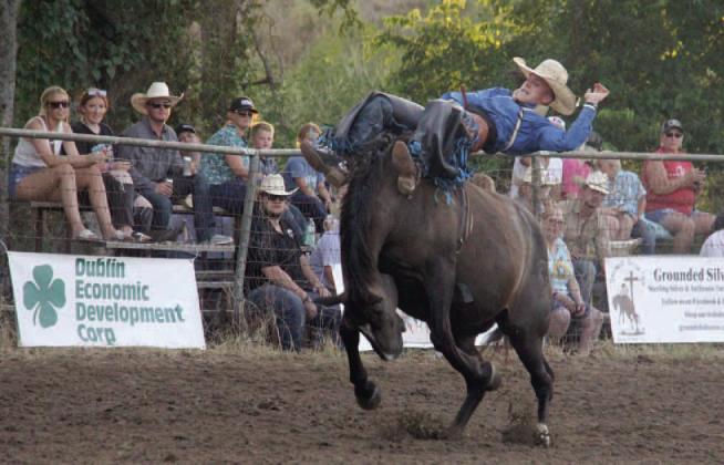 A cowboy holds on for dear life during the bronc riding event Saturday, Aug. 17 at the 4th annual UPRA/ CPRA sanctioned Dublin Rodeo hosted by Byrn Rodeo Productions. For more photos see page 8A and the Dublin Citizen Facebook page. Wyndi Veigel-Gaudette | Citizen staff photo