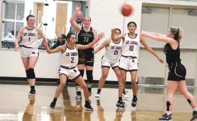 Lingleville Lady Cardinals stare down Meridian offense during the Bi-District playoff game held Tuesday, Feb. 13 at Dublin Secondary School. Paul Gaudette | Citizen staff photo