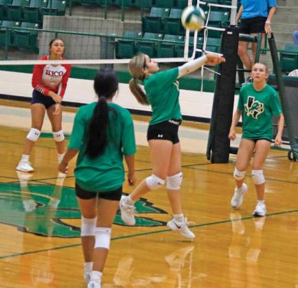 Lady Lions Freshman and JV volleyball players hit the Neff Gym to scrimmage with Hico Friday, Aug. 8. Above, freshmen players collaborate during a timeout while (at right) JV players take turns returning hits to warm up for their scrimmage following a varsity scrimmage. The JV players will return ro the court Tuesday, Aug. 19 at 5 p.m. as they take on the Stephenville Faith Knights. Paul Gaudette | Citizen staff photos