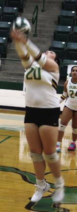 Dublin Lady Lions (top to bottom) Samantha Martinez, Regan Vanbebber and Bayli Jackson serve the ball up to Peaster opponents in the Tuesday, Oct. 6 home loss in which Dublin scored 8, 7 and 9. The Lady Lions traveled to Eastland Friday, Oct. 9 where they fell in three sets. Paul Gaudette | Citizen staff photos