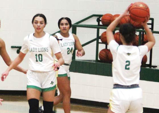 Dublin Lady Lion NavaLee White looks to pass the ball while Olivia Salyer and Adriana Stewart stand open in a recent home game. Paul Gaudette | Citizen staff photo