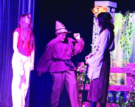 The Dublin Jr. High One Act Play cast (above) and crew staged a public performance of ‘The Somewhat True Tale of Robin Hood’ by Mary Lynn Dobson Thursday, Nov. 20 in the old auditorium. At right, the narrator calls for the ‘technical director’ to advance the play as Robin practices bowling when the Sheriff switches the competition sport from archery in the humorous play. Paul Gaudette | Citizen staff photos