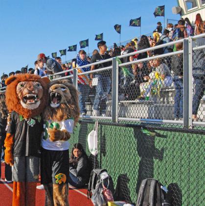Dublin High School and Jr. High lion mascots join together at the pep rally to greet DISD students