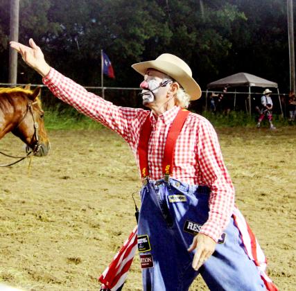 Jeff ‘Jackrabbit’ Harris, a professional rodeo clown, kept crowds entertained at the Monta de Toros rodeo May 6, 2023, despite thunderstorms during the event.