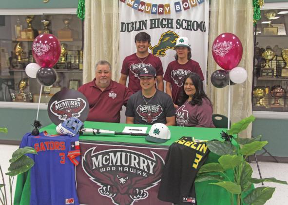 Dublin High School Senior Chris Teten signed with McMurry University, pledging to provide his baseball prowess to the college’s team. Teten signed in front of the DHS cafeteria trophy case in a March 8, 2023, ceremony. He was joined in the celebration by fellow athletes, coaches, friends and family including brothers,  Tim and Alex Teten and parents, Rodney and Tammy Teten.