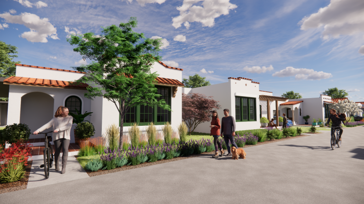 A rendering showcases a new 350 rental home project approved through a zoning change in August 2024 by the Stephenville City Council. The project includes Spanish Revival-style architecture.