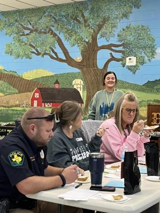 Dublin PD Lt. Khris Jennings, Elementary Principal Brandy Carr and Counselor D’Ann Bradford try some interesting pumpkin pies from third graders. The third graders had to learn how to follow a recipe and made the pies. They received judging from the eager judges. They were most thankful for beverages after tasting some pies that contained a bit too much pepper.