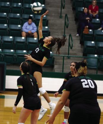Dublin Lady Lion Kloie Whitely stretches to return a ball to Keene opposition in their first game of the Dublin Athletic Booster Club volleyball tournament Thursday, Aug. 27. The Lady Lions won over DeLeon 2-1 in the tourney and had losses to Graford, Paint Rock and Keene. This appearance followed a three-set battle at Strawn Tuesday, Aug. 25 in which Dublin scored 14 to Strawn’s 25. Paul Gaudette | Citizen staff photo