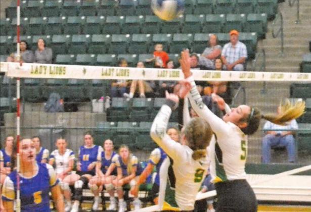 Dublin Lady Lions Madilyn Loper and Kylie Olvera leap up to stop the ball at the net in a recent Lady Lion home game. Paul Gaudette | Citizen staff photo