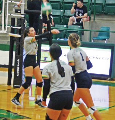 Dublin varsity Lady Lion Emma Mitchell moves to return the ball to Hawley opposition during a tournament game Aug. 29 in the Dublin Secondary Neff Gym. Paul Gaudette | Citizen staff photo
