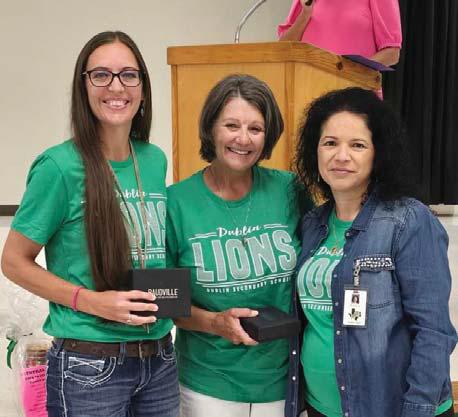 Dublin High School teachers Kaylene Vanbebber and Lisa Leatherwood receive Lion Heart awards for students earning 100% on 2024 Algebra I End-of-Course state testing. Principal Norma Briseño presented them with the award. Courtesy photo