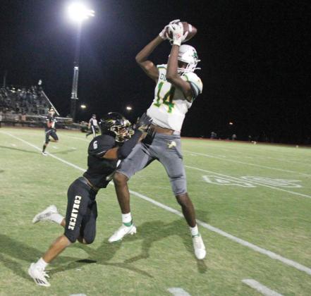 Paul Gaudette | Citizen staff photo Dublin Lion Dalan Rasberry (right) leaps to receive for a first down in Dublin’s Friday night away game against Comanche.