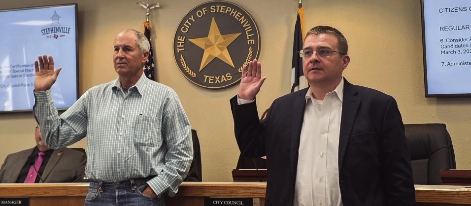 Above, newly elected councilmembers Nick Robinson (Place 7) and Mark McClinton (Place 3) are sworn into office May 5. Below, Councilmembers Dean Parr (Place 4), Gerald Cook (Place 2), Mayor Lonn Reisman, Ricky Thurman (Place 6) and Alan Nix (Place 8) are sworn in May 12. Courtesy photos