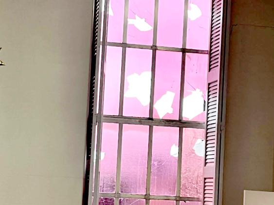 Stained glass windows are shattered after Sunday’s hail storm all along one side of First Baptist Church of Dublin. Courtesy photo