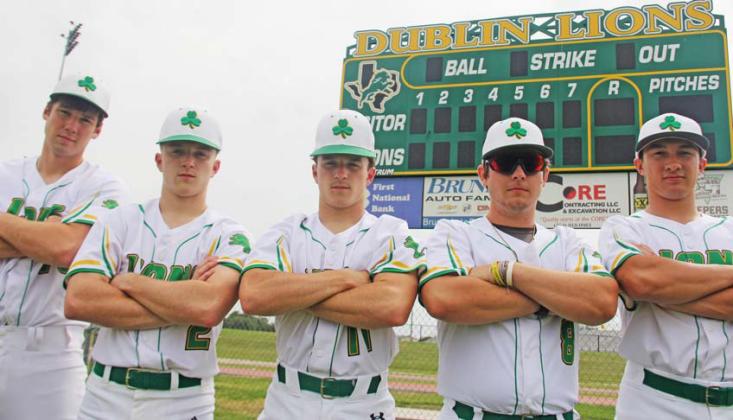 2024 Dublin senior baseball Lions Jacob Arnal, Kevin Patton, Cameron Patton, Charlie Rasberry and Aiden Salyer pose by the home scoreboard. Paul Gaudette | Citizen staff photo