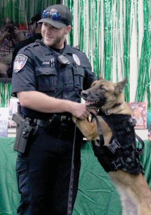 Stephenville Police Department K9 Officer Colby Stone and his partner Rolo teach kids about the job K9 teams do including narcotics investigations and missing persons. Rolo (named after a Viking god, not the candy) was happy to meet some new friends at the Dublin Public Library during the working dogs program Thursday, July 11. Rolo is a Belgian Malinois. Wyndi Veigel-Gaudette | Citizen staff photo