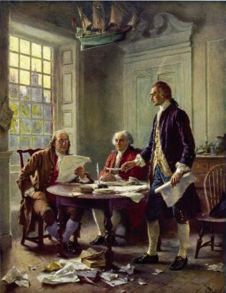 Benjamin Franklin (left) John Adams (center) and Thomas Jefferson (right) meet at Jefferson’s room in Philadelphia to discuss the draft of the Declaration of Independence. This image is made from a postcard reproduction of the original painting by Jean Leon Gerome Ferris. Public domain image