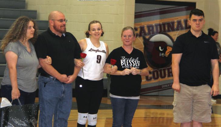 Lingleville Lady Cardinal seniors were honored prior to the final home game Oct. 29 against Ranger. Walking across the court with family were: Emma Hudson (above left), Cambri Coburn (above right), Maira Hernandez (below left), Kenleigh Jones (below right), Madison Howle (bottom left) and Luz Lopez (bottom right). Paul Gaudette | Citizen staff photos
