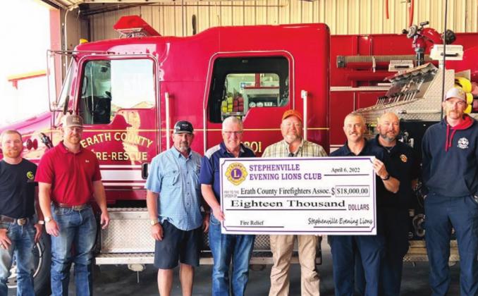 The Stephenville Evening Lions Club members recently presented a total donation of $18,000 to Erath County’s fire departments including Erath County Fire Rescue (pictured). Pictured left to right are: Caleb Masters, Austin Evans, Tim Well, Bob Haschke, Jay R Smith, Dallas Sims, Chris Brooks and Taylor Moore. | submitted photo
