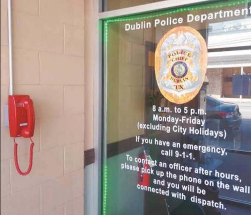 A red emergency phone has been installed inside the entryway allowing visitors to immediately reach county dispatch after Dublin switched its dispatch services to Erath County Sheriff’s Office. The change will not affect any of the staff of Dublin Police Department, Dublin EMS and Dublin Volunteer Fire Department. The PD can still be reached at 445-3455, and an answering machine will allow callers to select whether they are trying to reach the department of dispatch. Paul Gaudette | Citizen staff photo