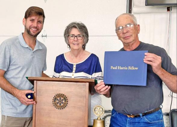 Dublin Rotary Club President Karen Wright presented Lee Leatherwood (left) and Ben Pate (right) with the highest honor bestowed on Rotarians as Paul Harris Fellows. The Rotary Club’s Facebook page praised the men saying: “Their dedication, leadership, and commitment to ‘Service Above Self’ truly exemplify the spirit of Rotary, making a lasting difference in both our club and our community. | submitted photo