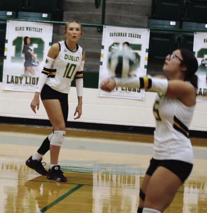 Dublin Lady Lion Ellyana Moreno connects to return the ball during the Friday, Sept. 25 home game against the Comanche Maidens. Paul Gaudette | Citizen staff photo