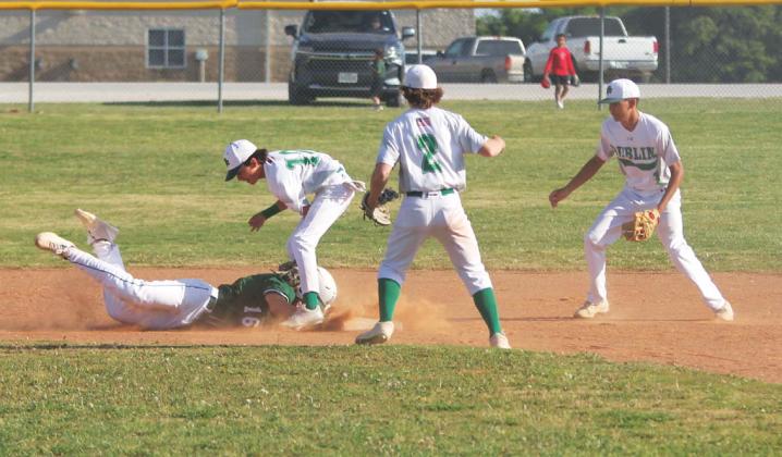 Paul Gaudette | Citizen staff photo Dublin Lion Alex Teten snags an out on second base during Friday’s home game against Breckenridge. Teammates Kevin Patton and Kaden Gaitan move in to assist.