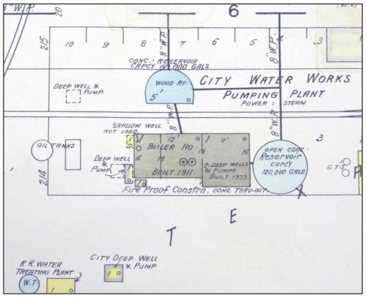 The 1912 and 1934 Sanborn maps of Dublin show the layout of the Waterworks one year after it was constructed and after railroad tracks and a new reservoir were put in place on the grounds. The tower (left, below) is now overgrown but the holding tank with the city logo calls attention to the structure. | Citizen staff photo