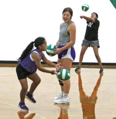 Kids and Lady Lions volleyball players pair up and bump the ball up the court in relay races during the 2023 volleyball camp held July 17 and July 18 at Dublin Secondary. The exercise and mentoring offered the varsity players a chance to brush up before practices start on July 31 from 6:30 a.m. to 8 a.m. and 4:15 p.m. to 5:30 p.m. Citizen staff photos Paul Gaudette |
