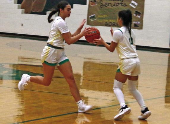 Dublin Lady Lion Olivia Salyer hands the ball off to teammate Ismari Molina during a home game during December. Salyer scored a collective 47 points across the tournament. Teammate Adriana Stewart led scoring for Dublin in the Classic with 50. Paul Gaudette | Citizen staff photo