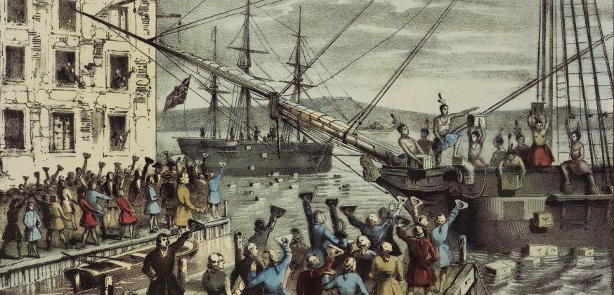 The Destruction of Tea at Boston Harbor, an iconic 1846 lithograph by Nathaniel Currier. The term “Boston Tea Party” had not become a standard name. Public Domain