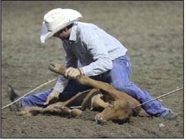 A cowboy finished up his tie in the calf roping event at the rodeo. Wyndi Veigel | Citizen staff photo