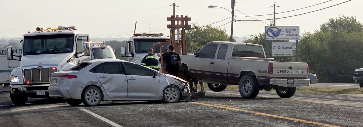 Paul Gaudette and Wyndi Veigel-Gaudette | Citizen staff photo Above, a major wreck snarls traffic on Hwy. 377 South and CR 351 Thursday, July 30. Numerous emergency services responded included three air ambulances. The wreck was not a fatality. Below, a two vehicle non-injury major accident occurred in the 1000 block of North Patrick Thursday, July 30.
