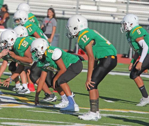 Dublin 8th grade Lions square up on the line of scrimmage during a recent home game on Cervetto Field. Paul Gaudette | Citizen staff photo