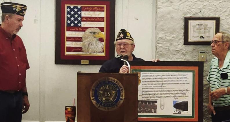 From left, Post 240 Adjutant/Finance Officer &amp;amp; 17th District Commander Chris Grantham and Post 240 Commander Frank Maddy unveils the tribute as donor and 24 year member Dean Jones acknowledges. Photos by Post 240 Historian Robin York
