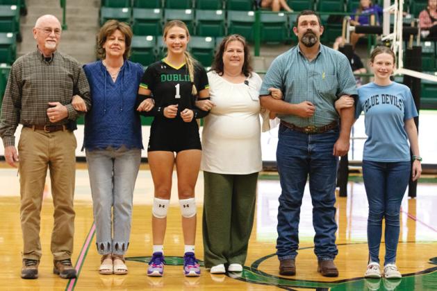 The senior Dublin Lady Lions were honored during a senior night ceremony Tuesday, Oct. 29 prior to their final home game against Early. Seniors escorted across the court included Emma McCreary (above left), Bailey Watson (above right), Emma Vargas (below left) and Summer Anderson (below right).