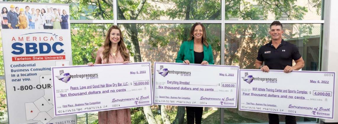Winners of the Entrepreneurs of Erath business plan competition were honored at a reception Friday morning in Room 218 of the Tarleton State University Dining Hall. From left, first place winner Emily Horton, owner of Peace, Love and Good Hair Blow Dry Bar, LLC; second place winner LeAnn Durfey, owner of Everything Shredded; and third place winner Shane Freels, owner of MVP Athlete Training and Sports Complex. | Citizen staff photo