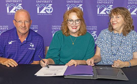 Julie Crouch and Jana Crouch Jimenez were joined by Mark McKenzie, Board President of the Tarleton State University Foundation as they signed the Nancy White Endowed Scholarship on Sept. 20 at Tarleton. | submitted photo