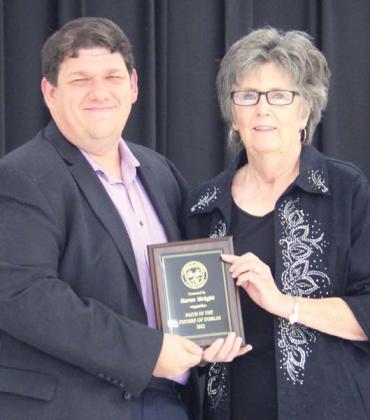 Karen Wright, owner of Blackjack Office Center is presented this year’s Faith in the Future of Dublin award by Dublin Citizen Managing Editor Paul Gaudette on behalf of the Dublin Chamber of Commerce. The award is given to someone who believes in the future of Dublin and was presented at the banquet Saturday, Nov. 12. For more photos see A8. Wyndi Veigel | Citizen staff photo