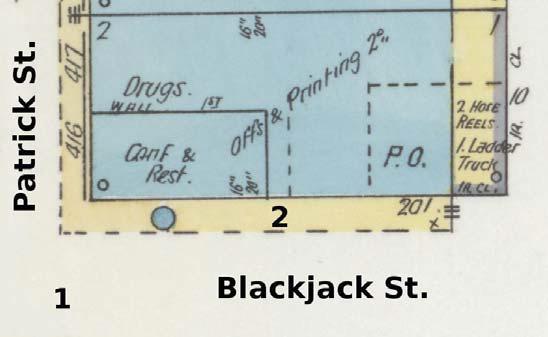 The murder took place next to the Andruss Building at the corner of Blackjack and Patrick Streets. The Corner Lot is there now. (1) Is where Constable Adams was shot. (2) Is where Wright stepped back into the stairwell to reload his gun. Submitted photo