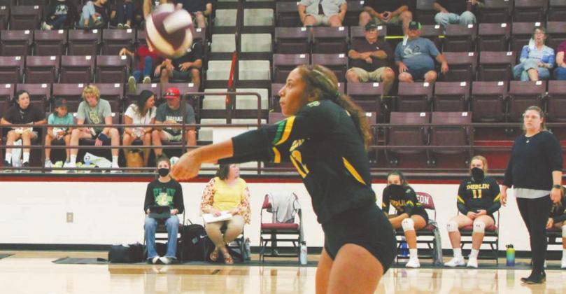 Dublin Lady Lion Kre’aijha Hicks digs the ball in a recent away game. Sara Gann | Citizen staff photo