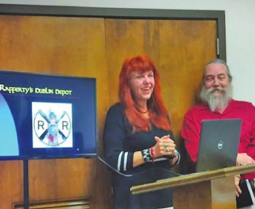 Nikki and Bob Rafferty present a proposal during Monday’s City Council meeting to open Dublin’s historic train depot as an authentic Irish pub and restaurant while offering assistance to renovating the building. Paul Gaudette | Citizen staff photo